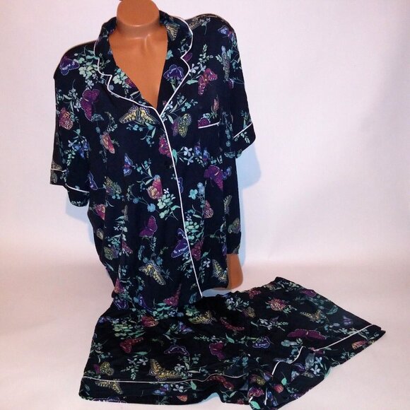 Victoria Secret Pajama Set Top & Bottom XXL 2X Modal Navy Blue Butterfly Garden - Picture 1 of 12